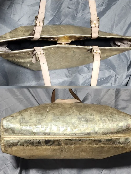 Michael Kors Pale Gold Metallic Jet Set Logo Embossed Tote Bag Shoulderbag Purse - Picture 5 of 7